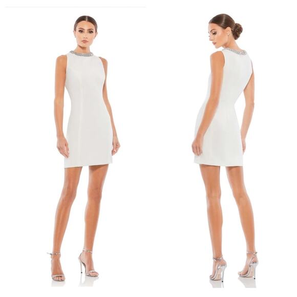 NWT IEENA for MAC DUGGAL White Rhinestone Embellished Neck Sheath Minidress - Picture 1 of 11